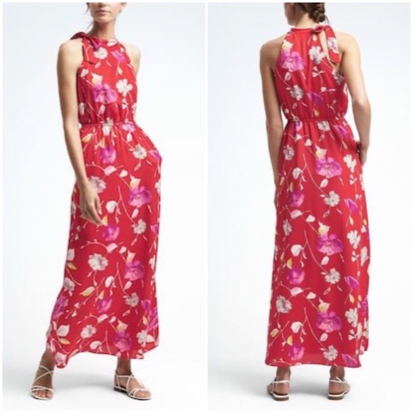 BR Floral Tie Neck Maxi Dress - Picture 1 of 4